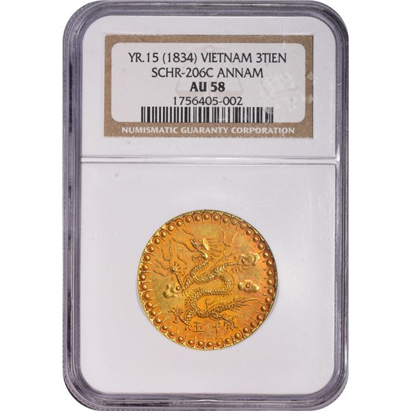 Annam (Vietnam) 1834 (Year 15), Gold 3 Tien, SCHR-206c, NGC