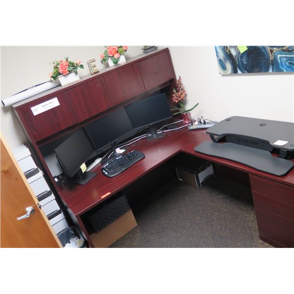 Wooden 'L' Shaped Desk w/ Hutch 72"x85"x67"H, File Drawers, Dell Monitors, Keyboard (Stand not inclu