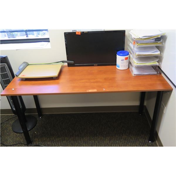 Long Wooden Table 59 x24 x28 H w/ Paper Cutter, ASUS Monitor, Organizer, etc