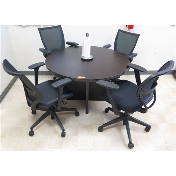 Round Black Table w/ 4 Haworth Rolling Office Armchairs (Contents not included)