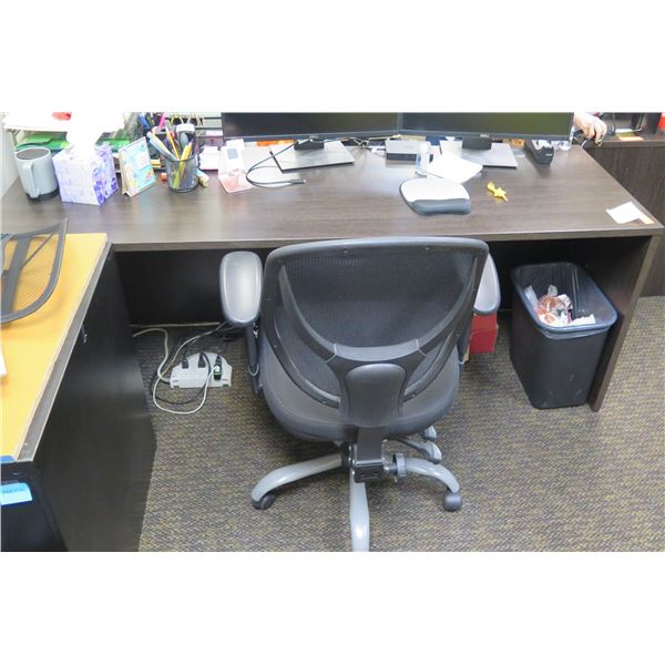 Wooden  Desk 66"x24"x29"H w/ Rolling Chair & Trash Can (Contents/Electronics not included)