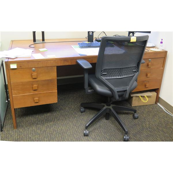 Wooden  Desk 75"x35"x29"H w/ Rolling Chair & File Drawers (Contents/Electronics not included)