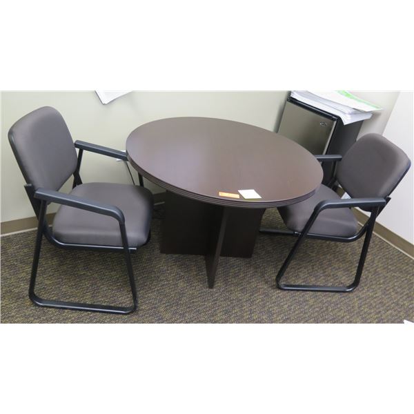 Round Black Table 42"Dx29"H w/ 2 Armchairs & Sanyo Mini Refrigerator SR-366S