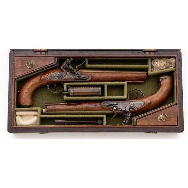 Antique Cased Pair of English Brass-Barrel Dueling Pistols, by William Allport