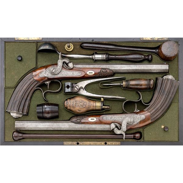 Antique Cased Matched Pair of Engraved Belgian Large-Bore Percussion Dueling Pistols