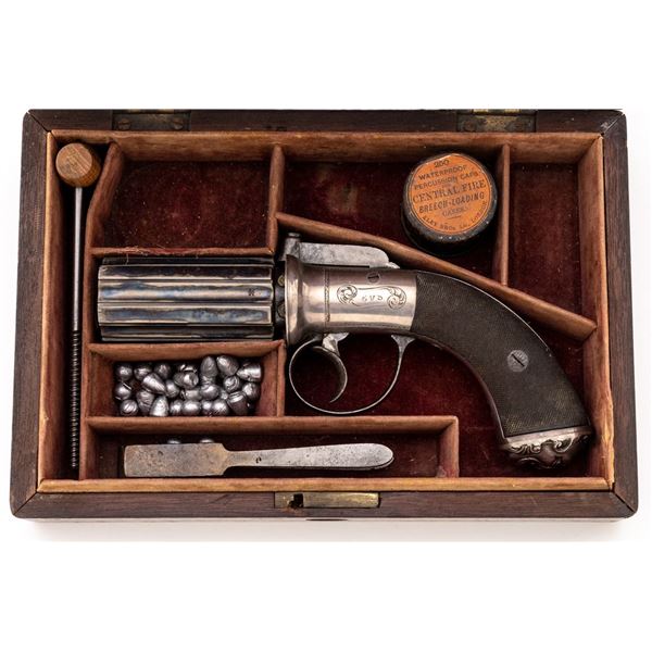 Antique Cased British Bar-Hammer Pepperbox Revolving Pistol of High Quality, but Unmarked
