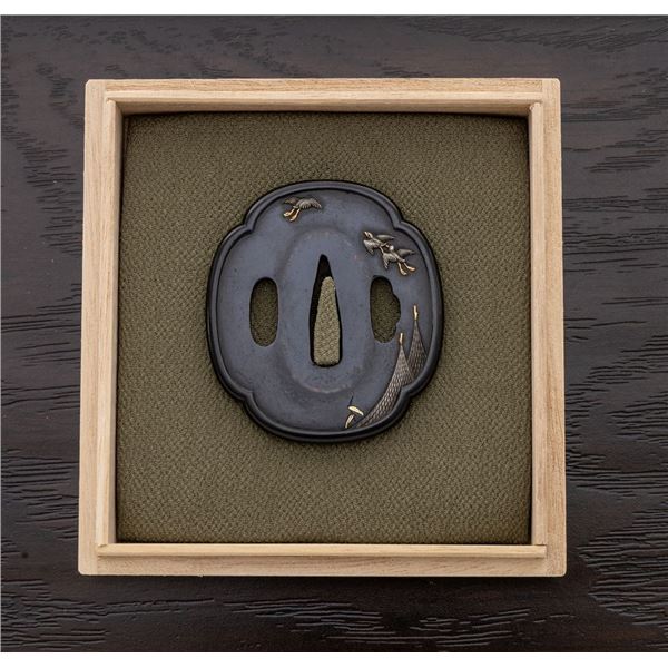 Antique Japanese Shakudo Tsuba -  Birds and Nets