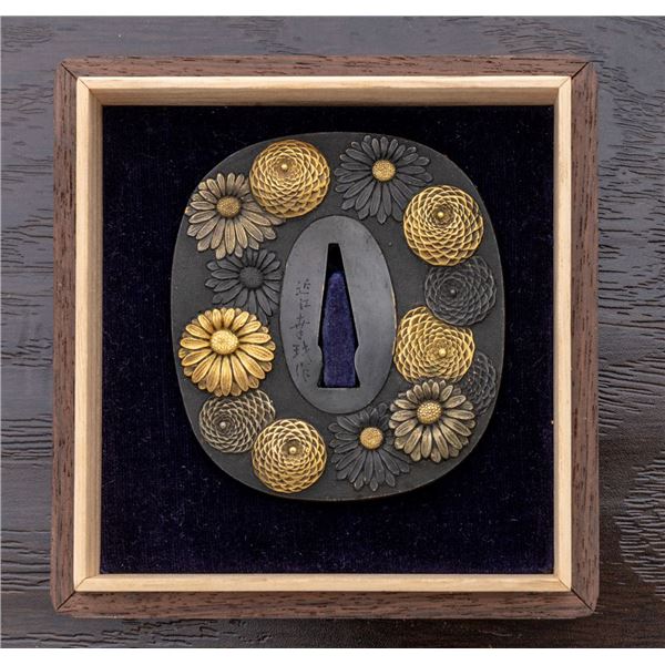 Antique Japanese Shakudo/Nanako Tsuba - Flowers, Signed