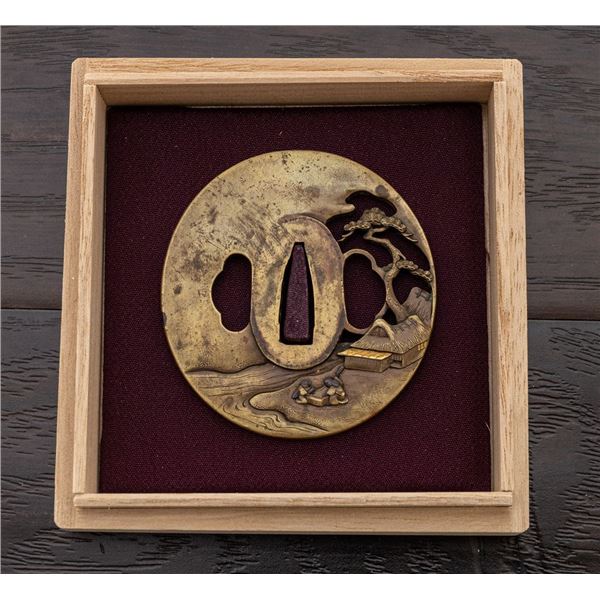 Antique Japanese Tsuba - Brass Pine Tree and House