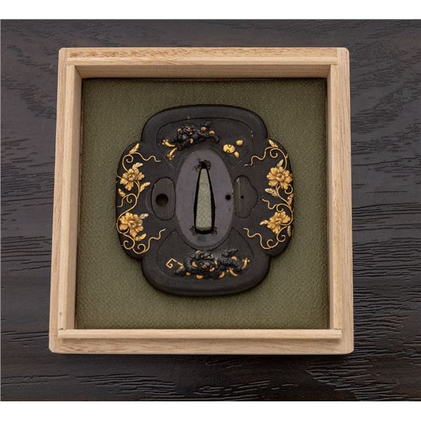 Antique Japanese Shakudo/Nanako Tsuba - Shi-Shi Dogs & Flowers
