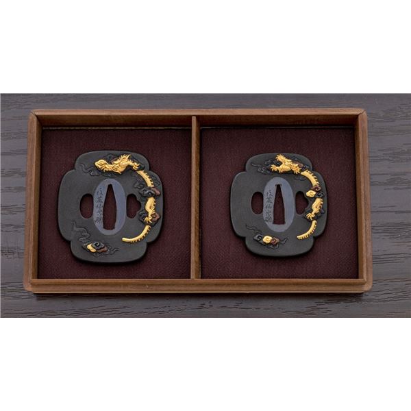 Daisho Set of Antique Japanese Tsubas - Shakudo/Nanako Dragons, Signed