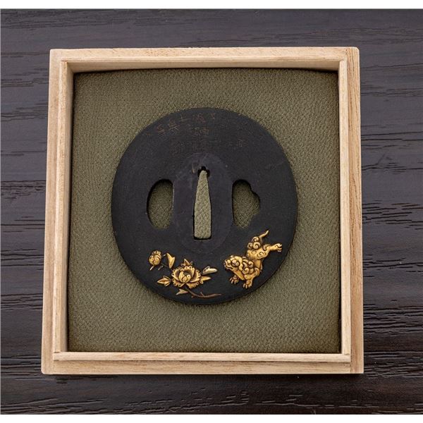Antique Japanese Tsuba - Shakudo/Nanako Shi-Shi Dog & Peony Flower
