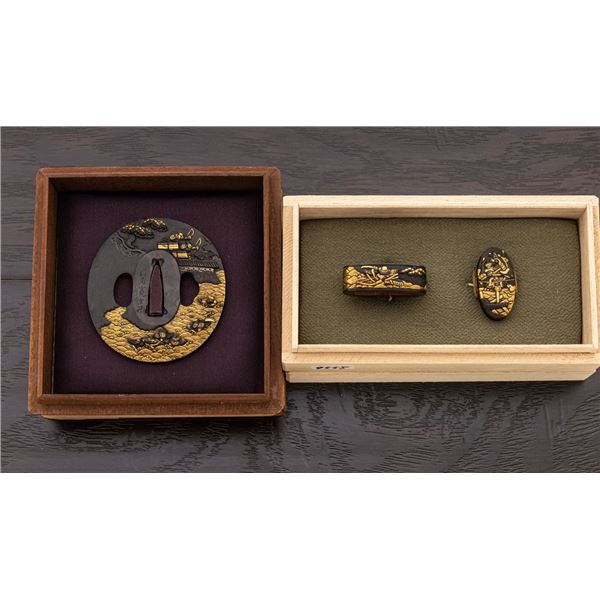 Antique Japanese Soft Metal Tsuba and Fuchi/Kashira - Samurai & Waves, Signed