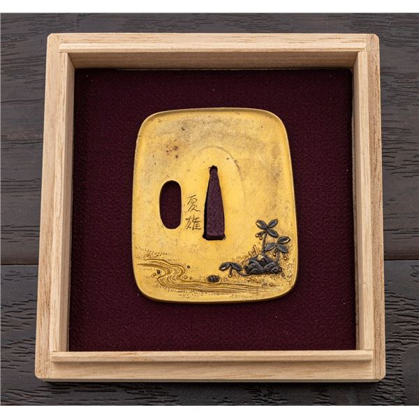 Antique Japanese Soft Metal Tsuba - Stream & Plants, Signed