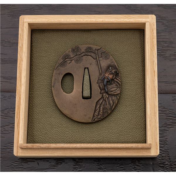 Antique Japanese Tsuba - Brass God and Pine Tree