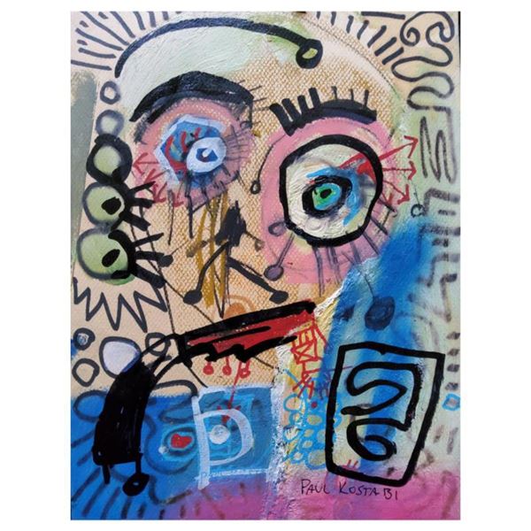 Paul Kostabi, "As the Pendulum Swings" Hand Signed Original Painting with Letter of Authenticity.