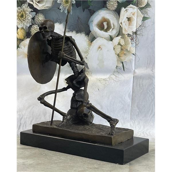 Skeleton Warrior w/ Shield and Spear Bronze Statue Marble Base