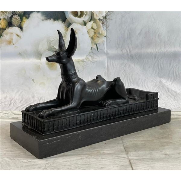 Hot Cast Egyptian Dog Bronze Sculpture Dark Brown Patina Marble Base