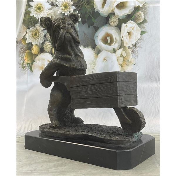 English Bulldog Pushing Wheelbarrow Bronze Planter Dish Sculpture