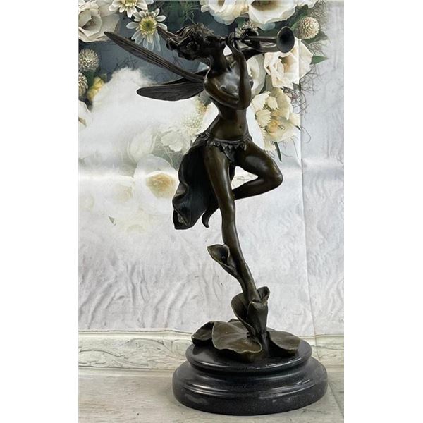 Trumpeting Winged Angel Fairy Garden Statue Bronze Sculpture Signed Art