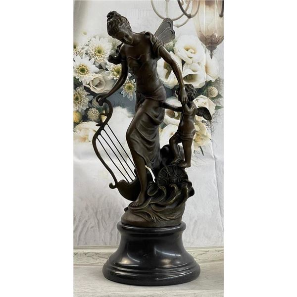 Fantasy Winged Fairy with Mythical Puti Baby Angel Sculpture Signed Moreau