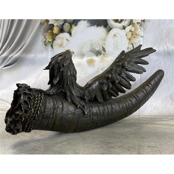 Native American Warrior With Eagle Headdress And Horn Bronze Sculpture