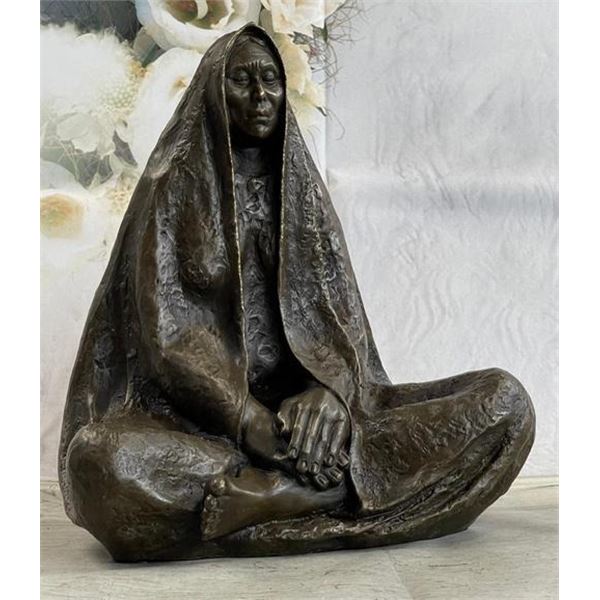 Native American Art Indian w/ Cloak Meditating Bronze Sculpture