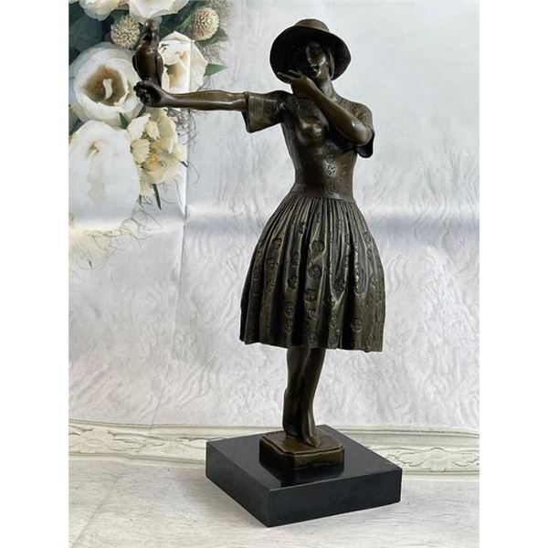 100% Solid Bronze Sculpture Lady with Bird Signed Real Art Hot Cast Figurine