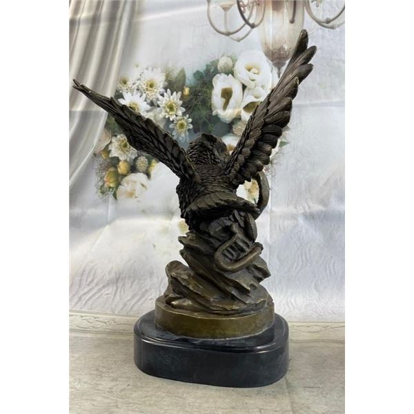 Owl and Snake Bronze Statue Sculpture on Marble Base
