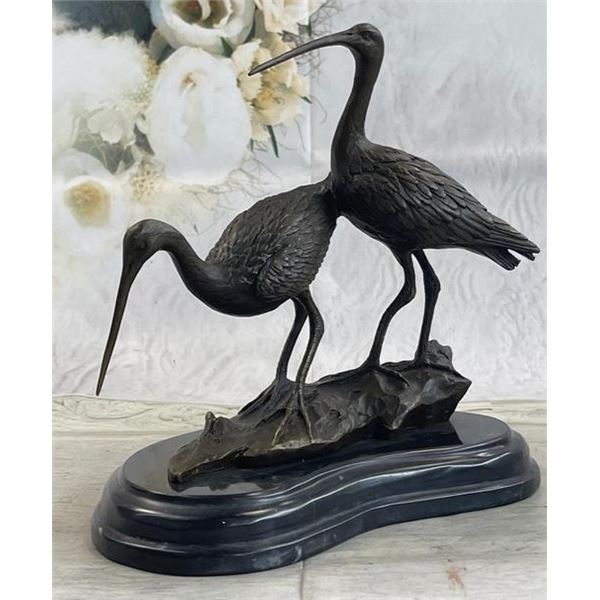 Original Signed Two Wildlife Crane Cranes Pond Garden Bronze Statue