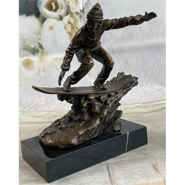 Real Bronze Marble Ski Snowboarder Winter Sport Sculpture