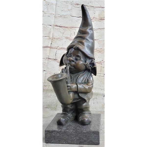 French Bronze Solid Brass Figurine Gnome Trumpet Musician