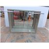Image 1 : Metal Cabinet with 4 glass shelves and glass top + sliding glass doors - 4ft wide, 38" tall - 13" de