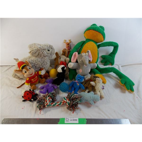 lot of dog toys - some squeaker, rubber chickens, etc