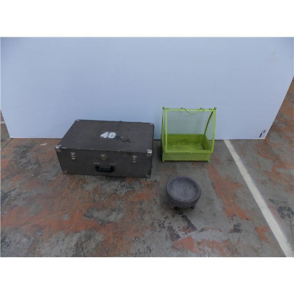 *Suitcase, Bird Cage (latch broken), Stone Mortar Bowl