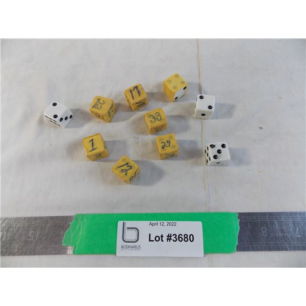 (10) Dice - some taped over and written on