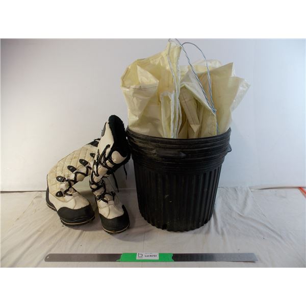 Winter boots (size 9) + small tarps + (3) flower planters