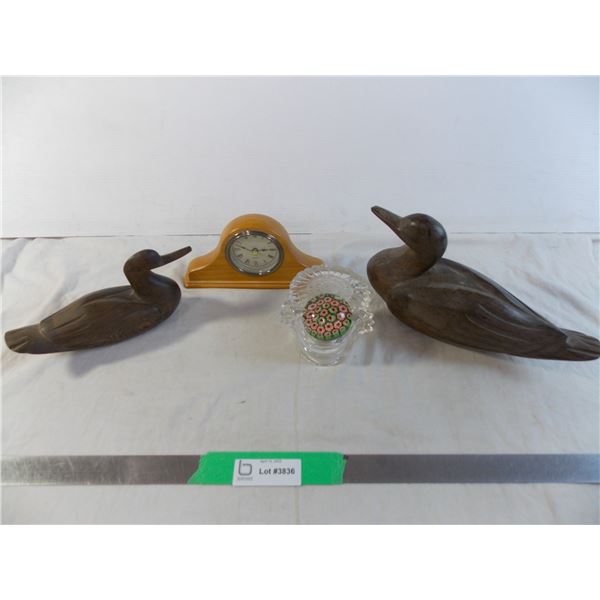 Solid wood carved ducks, small mantle clock, glass paperweight