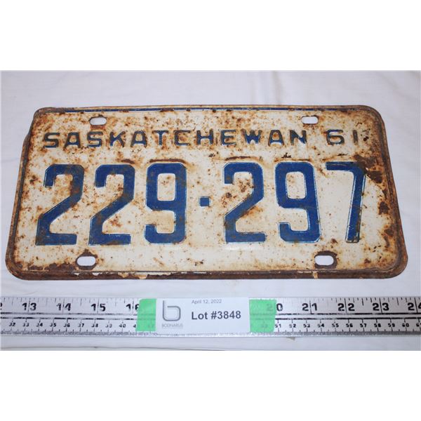 Saskatchewan 1961 License Plate