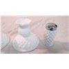 Image 3 : (2) Candle holders - pair of salt + pepper milk glass (hobnail)