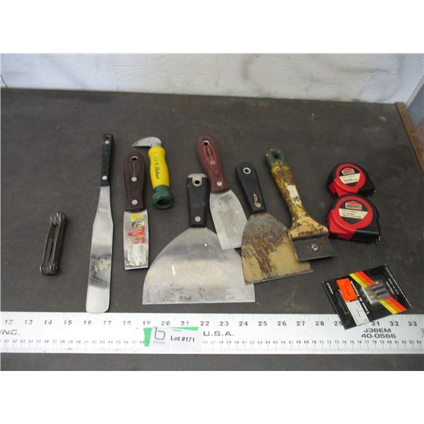 Scrapers, measuring tapes, misc