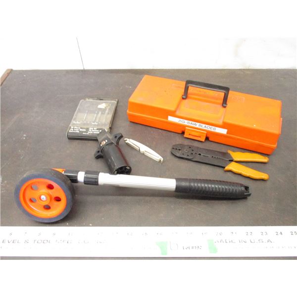 Jigsaw blades, measuring wheel, wire stripper