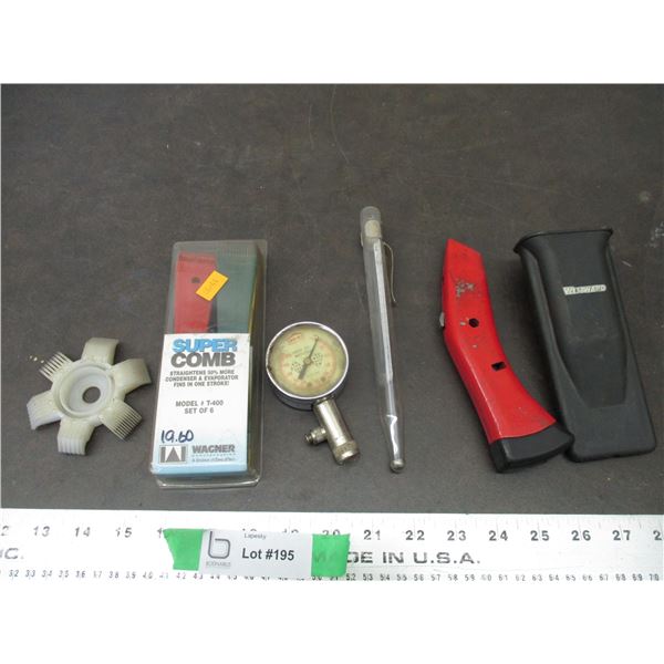 Supercombs, gauge, thermometer, curved utility knife