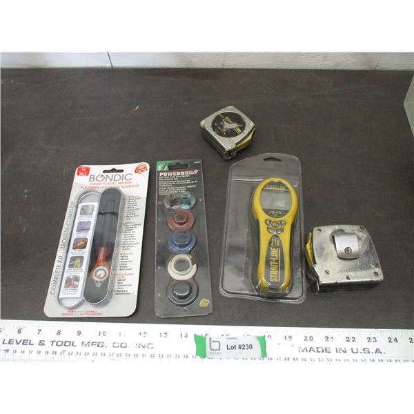 Liquid plastic welder, straight line sonic laser tape, quick disconnects