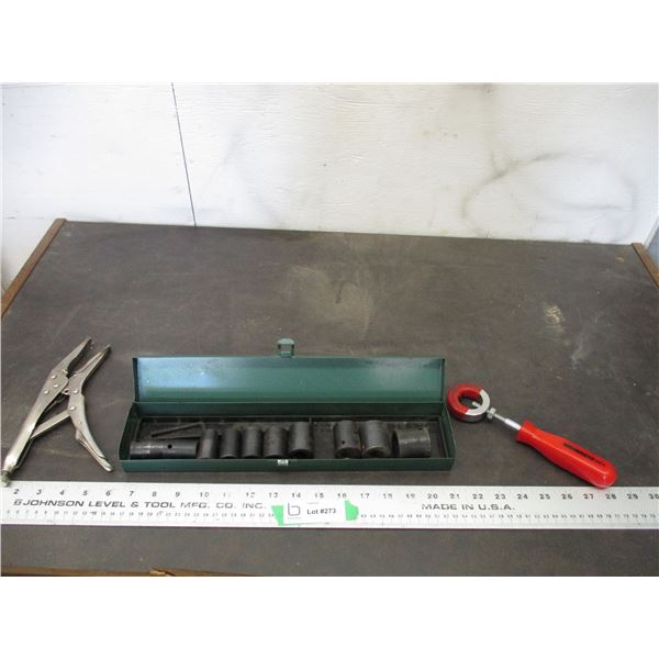 1/2 Drive shallow socket + punch holder + vise grips