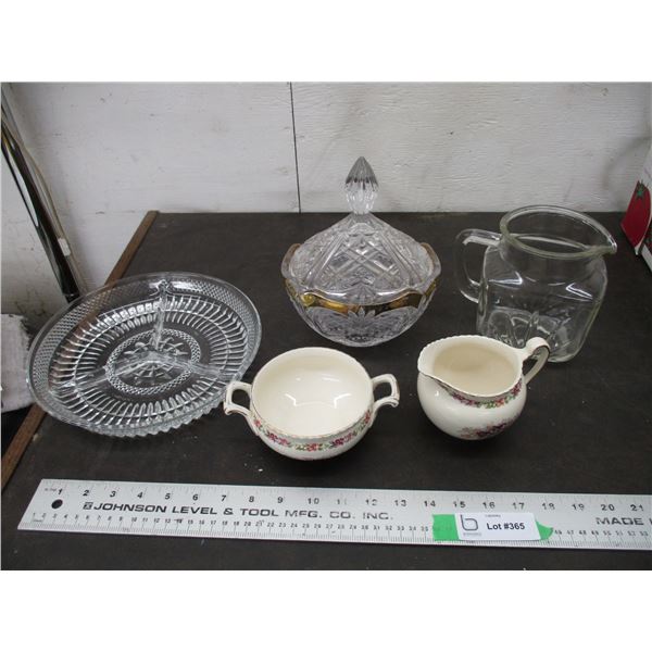 Old English Johnson bros cream + sugar + clear glass items