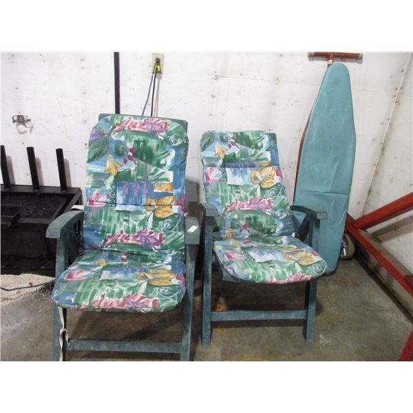 Ironing board + (2) plastic chairs