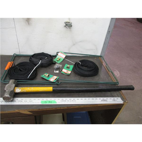 Sledge Hammer, garden hose, recycling stand