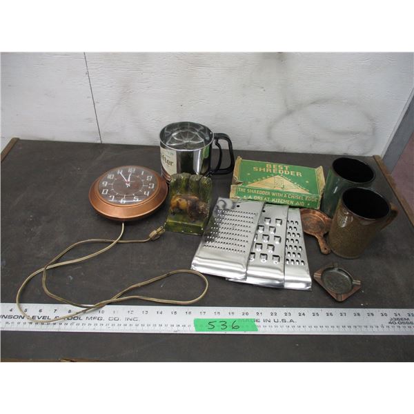 Mix lot - sifter, clock, buffalo book end, grater, tin ashtrays