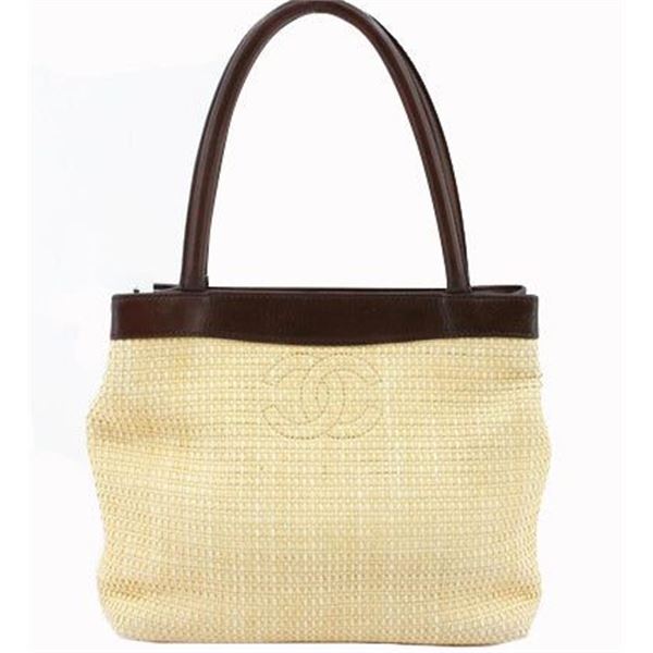 Chanel Vintage Brown Leather 2000s Raffia CC Tote Bag